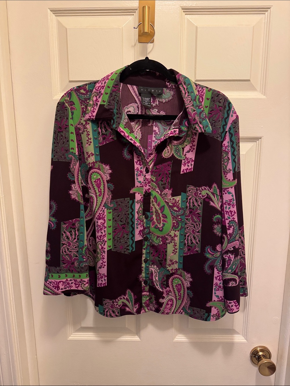 Nine West Purple Paisley-Print Button Down Shirt with Green Accents